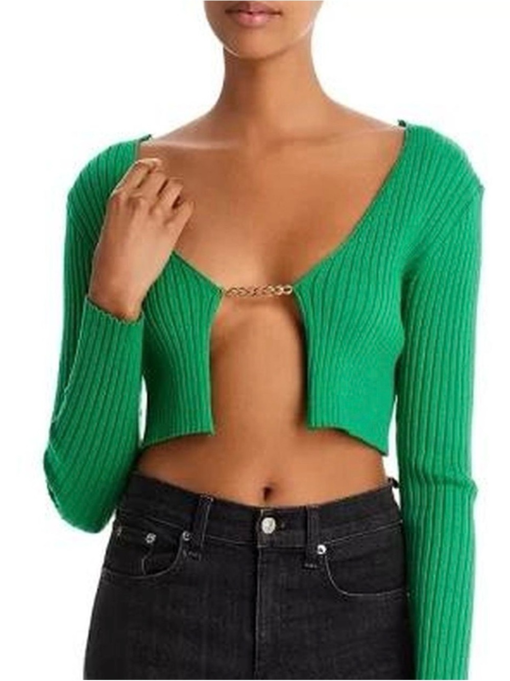 Cropped Green Ribbed Chain-Front Cardigan for Women